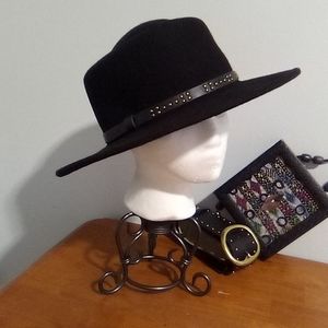Wide Brim Wool Fedora With Metal Button Band Accent